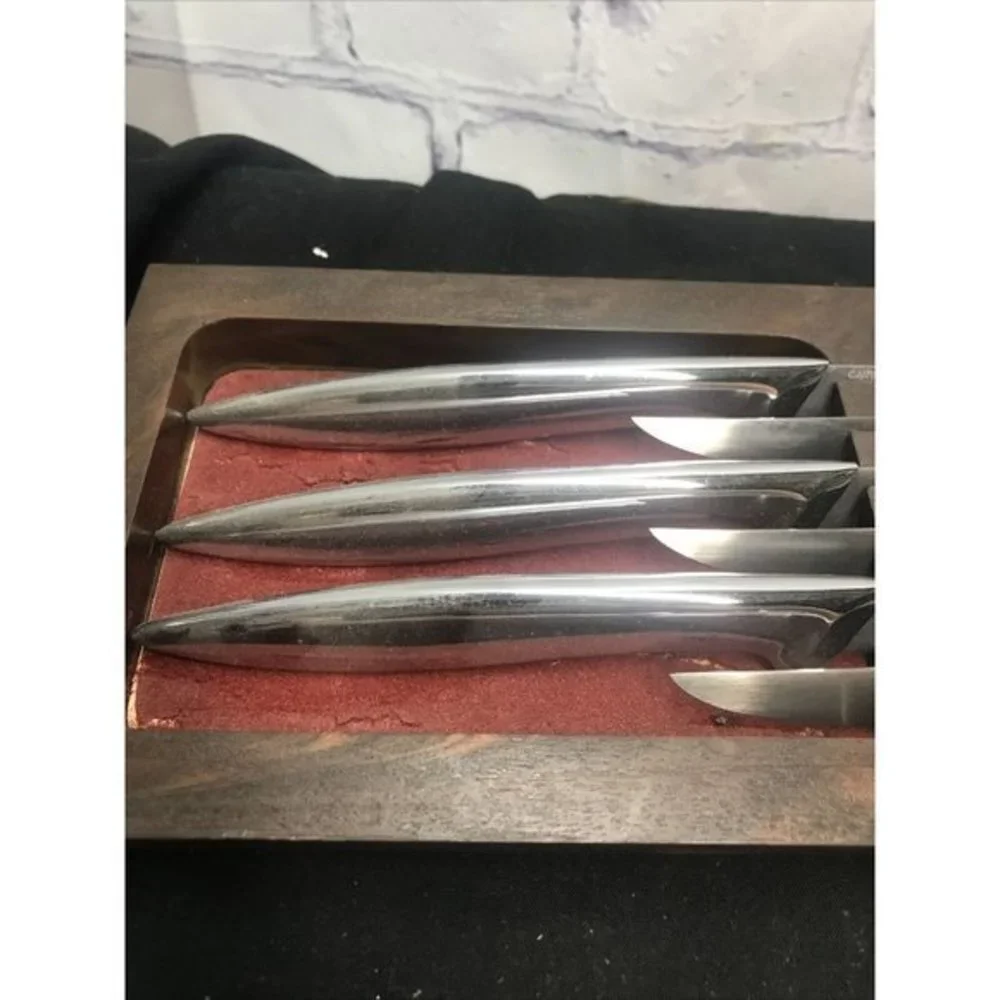 Vintage 6 Carvel Hall Steak Knife Knives Set Mid Century w Holder Marked